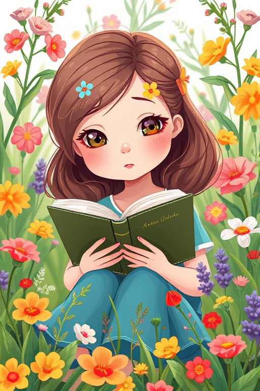 Create an illustration of a girl reading a book surrounded by colorful flowers and greenery, captured with a 50mm f/1.8 lens, aperture set to f/2.8, ISO 100, natural soft light, in a whimsical and vibrant cartoon style.