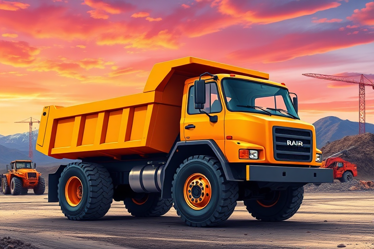 Create a high-resolution digital illustration of a stylized dump truck in a construction setting with a vibrant background of mountains and a clear sky, using a Canon EOS R5 with a 50mm lens, aperture set to f/4, ISO 100, and a wide-angle perspective to capture the truck in sharp detail against the colorful backdrop.