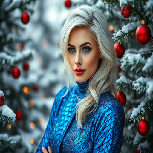 portrait of a glamorous woman with icy hair and a blue shimmering outfit among snowy trees adorned with ornaments, soft focus, f/2.8, 50mm lens, natural light, DSLR camera, high dynamic range, shallow depth of field