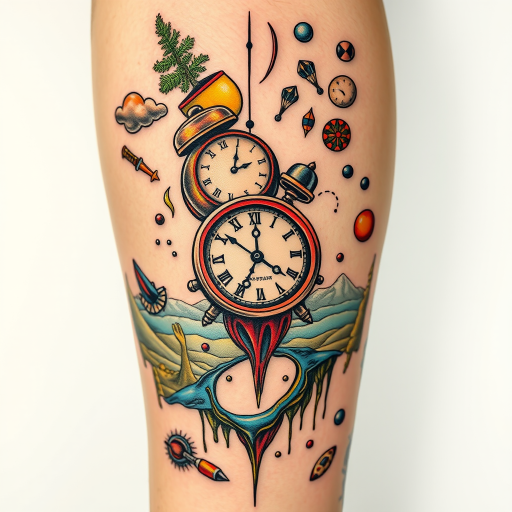 Surrealist tattoo named "Dreamscape Fusion" blending elements of nature and technology in a mind-bending composition with Salvador Dali-inspired melting clocks and floating objects in a otherworldly landscape