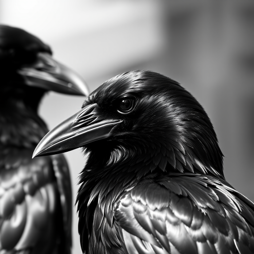 Close-up portrait of two ravens in black and white, shallow depth of field, natural lighting, aperture f/2.8, ISO 200, 50mm lens, DSLR camera, side view, high contrast.