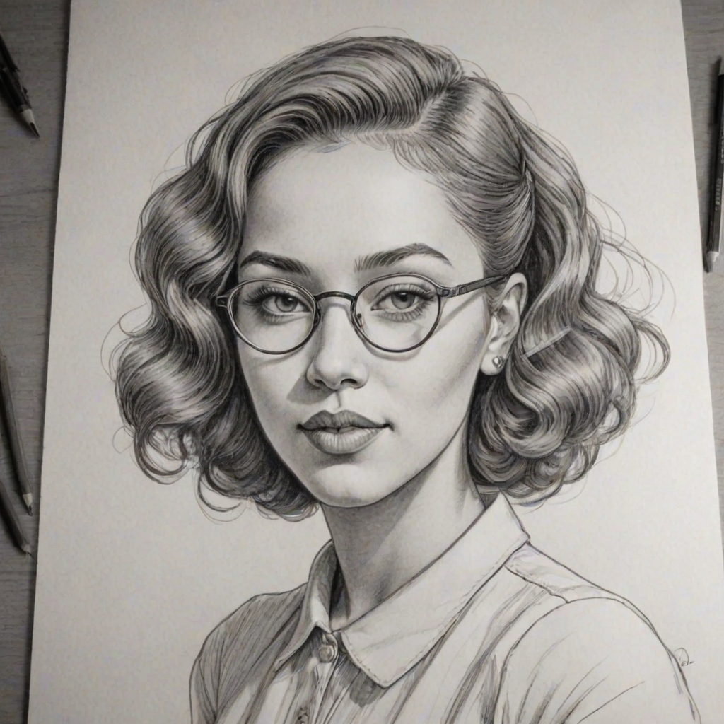 Pleasing Doja Cat, pencil sketch, portrait of Charming woman 1935s in glasses, hair style beatnik, outline, clear lines, fine lines, 8k