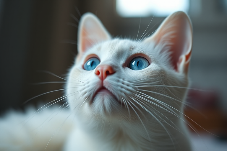 Create a close-up portrait of a white cat with striking blue eyes gazing upwards, using a DSLR camera with a 50mm lens, aperture set to f/1.8 for a shallow depth of field, ISO 200 for optimal light sensitivity, natural light from a window, and a soft focus background to emphasize the cat's features.