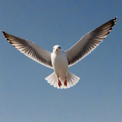 A seagull in flight with wings spread, against a blue sky background, displaying a mixture of brown and gray feathers.