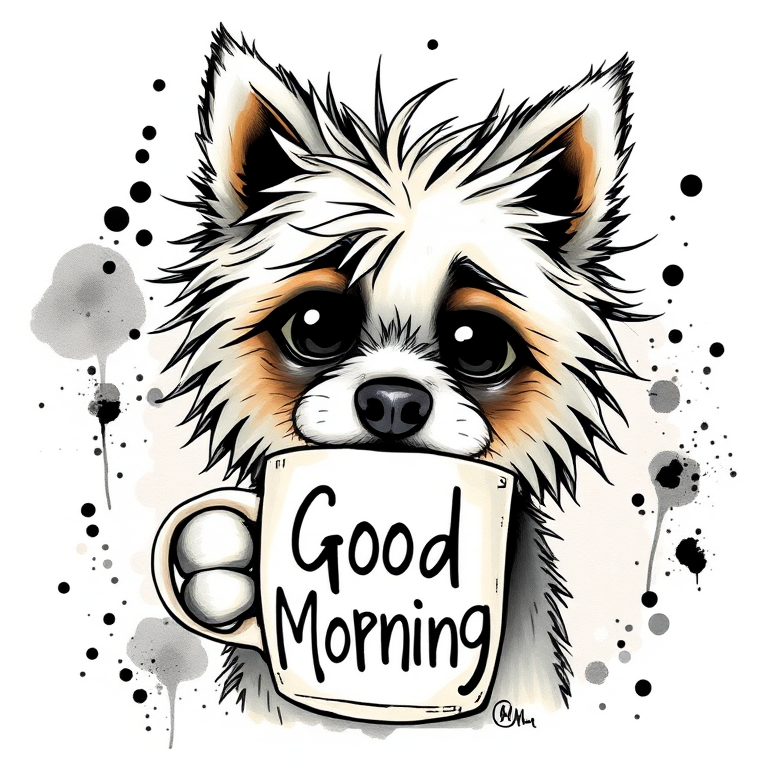 A quirky, artistic illustration of a disheveled aussiepom dog breed with exaggerated, large eyes and spiky fur, holding a coffee mug that reads "Good Morning". The dog has a tired but humorous expression, with ink splatters and abstract details surrounding it, giving a whimsical feel to the image. The color palette is mostly monochrome with hints of black in the eyes and steam rising from the mug, enhancing the overall sleepy vibe