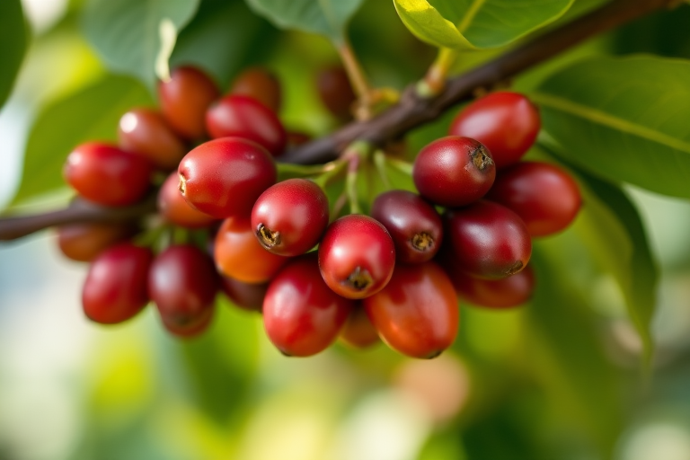 macro shot of coffee cherries on a branch with a blurred background, f/2.8 aperture, 1/500 sec shutter speed, ISO 100, 50mm lens, natural sunlight, vibrant colors