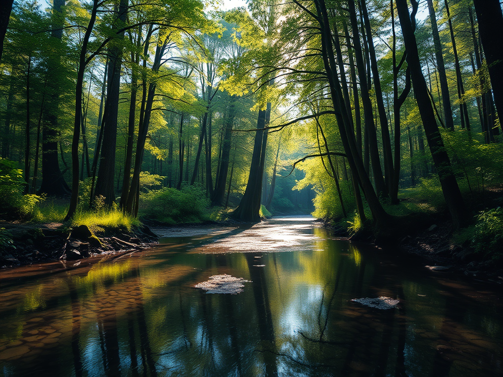 Capture a serene forest landscape with a calm river reflecting sunlight, using a Canon EOS R5, 24mm lens, f/8 aperture, 1/125s shutter speed, ISO 200, in dappled sunlight for enhanced depth and vibrant colors, focusing on the interplay of light and water.