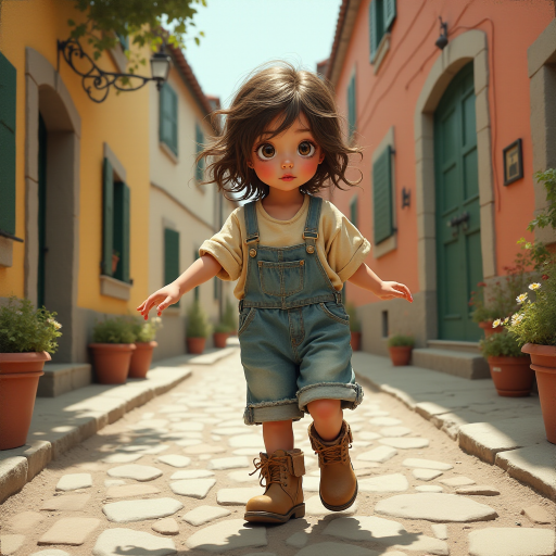 Whimsical little 3-year-old girl wearing scruffy tomboy clothes, boots, messy hair heavily blushed cheeks, pink lips, closely dancing in the street of an Italian village,Textured painterly fantasy artistic mixed media