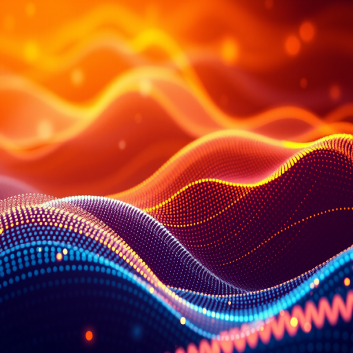 Create an abstract digital background with flowing wave patterns made of luminous dots and lines, camera settings: ISO 100, aperture f/8, shutter speed 1/60s, camera view: wide-angle, camera style: high dynamic range, camera type: DSLR.
