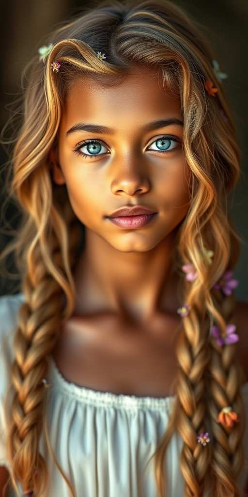 Create an image of a young Sri Lankan woman with long, wavy blonde hair, adorned with small, colorful flowers woven into her braids and loose strands. Her complexion is fair, with soft, glowing skin, and she has light blue eyes that gaze softly at the viewer. She wears a light, flowing dress with a gentle, ethereal quality, complementing her delicate and serene appearance. The background is slightly blurred, drawing focus to her tranquil expression and the intricate details of the flowers in her hair. The overall mood of the image is one of natural beauty and grace, evoking a sense of peacefulness and connection with nature.