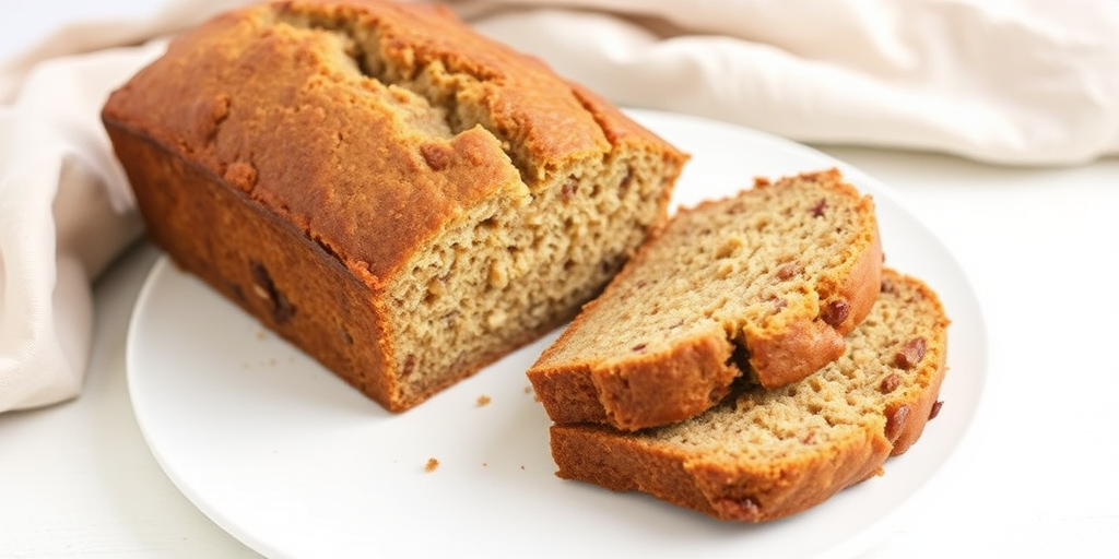 A freshly baked loaf of banana bread with slices cut and arranged beside it showcasing a moist and fluffy texture with hints of brown and speckles of nuts on a plain white plate with a soft cloth in the background.