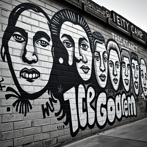 black and white mural of faces and text on a brick wall, high resolution, ISO 200, aperture f/5.6, shutter speed 1/125s, shot from a low angle with a wide lens on a DSLR camera