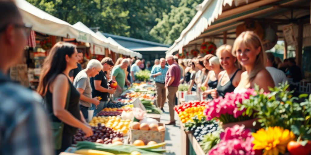 Blurry candid shot of a bustling outdoor farmers market, with vendors displaying fresh produce, colorful flowers, and smiling customers, all illuminated by soft sunlight.