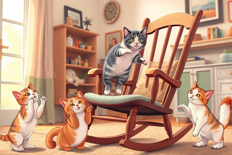 Create a playful and dynamic illustration of cats in various playful poses, highlighting a cat jumping off a rocking chair, with a backdrop of a cozy home setting, captured with a Canon EOS 5D Mark IV, 50mm lens, f/2.8 aperture, ISO 100, and soft natural lighting for enhanced clarity and warmth.