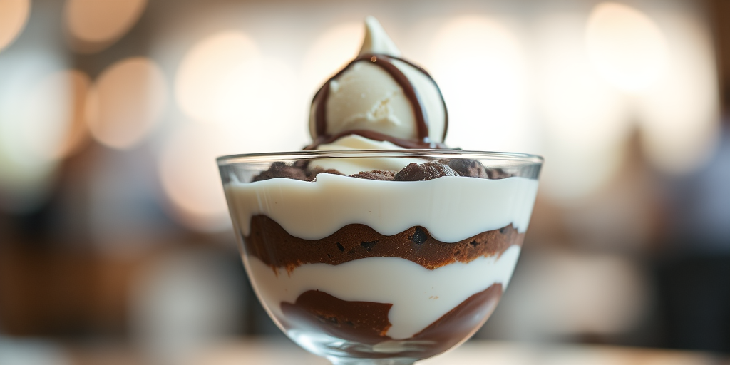 Dessert in a glass bowl with layers of cream, chocolate, and a scoop of ice cream on top, shallow depth of field, soft bokeh background, shot with a Canon EOS R5, 50mm f/1.2 lens, ISO 100, f/2.8, 1/200s, natural lighting.