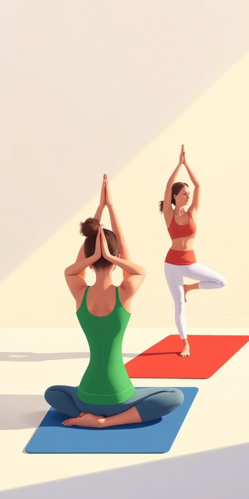 Generate an illustration of two women practicing yoga on colorful mats, one in a standing pose on a red mat and the other in a seated pose on a green mat, use a digital art style, set the canvas size to 1920x1080 pixels, and simulate a soft focus lens effect with bright, vibrant colors.