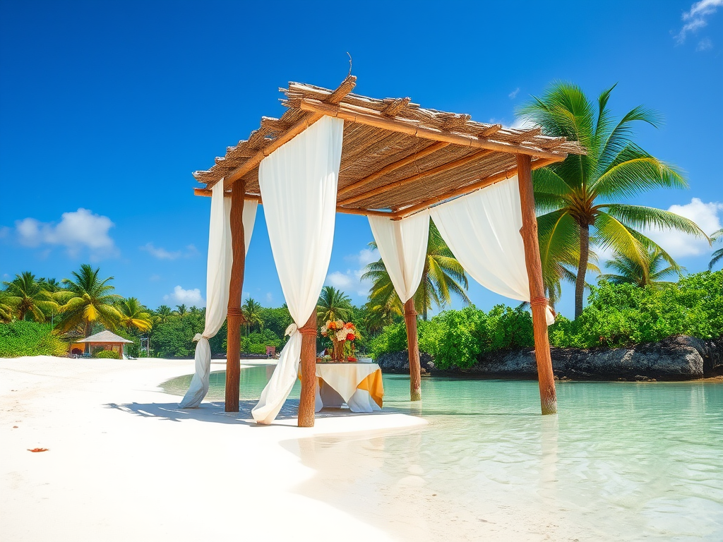 Create a picturesque tropical beach scene featuring a serene, white sandy shore. In the foreground, there's a rustic wooden canopy with white drapes gently flowing in the breeze. Underneath the canopy, a table is set with tropical decor, evoking a sense of relaxation and leisure. The beach extends into a calm, shallow water area with reflections of the sky and surroundings. Palm trees and lush greenery line the edge of the beach, providing a natural, tropical backdrop. The sky is clear with a few scattered clouds, and the overall atmosphere is tranquil and inviting, perfect for a peaceful retreat.