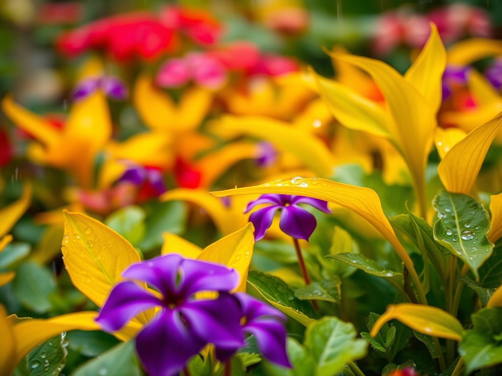 Regenerate a vibrant, close-up scene of colorful plants in a rain-soaked garden, featuring lush yellow leaves and purple flowers, with droplets of water beading on the foliage, soft bokeh background, shallow depth of field, using a DSLR camera, 85mm lens, f/1.8 aperture, ISO 200, shutter speed 1/200s, natural lighting.