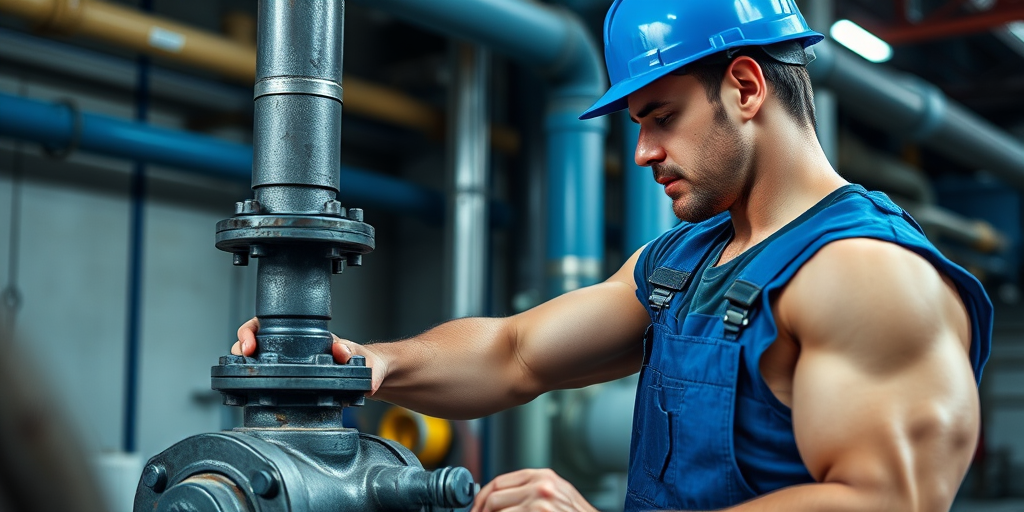 A muscular worker in a blue hard hat and blue overalls operates a valve at a pipe installation, captured in a close-up shot with a 50mm lens, f/1.8 aperture, ISO 200, and soft studio lighting for enhanced detail and sharpness.