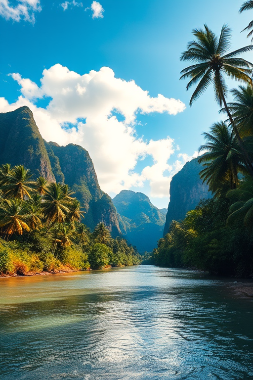 lush tropical landscape with a serene river surrounded by towering mountains and palm trees, bright blue sky with fluffy clouds, golden hour lighting, wide-angle lens, f/8 aperture, ISO 100, 24mm focal length, DSLR camera