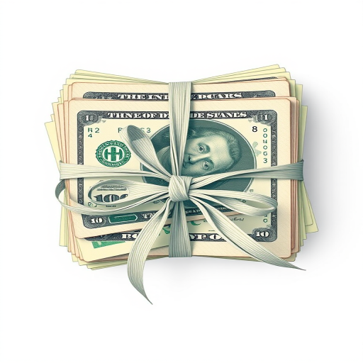 Create a detailed illustration of a stack of neatly organized banknotes tied with a ribbon, using a top-down view, high resolution, aperture f/8 for depth of field, ISO 100 for clarity, shot with a DSLR camera to enhance image quality.