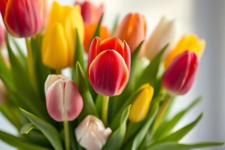 A vibrant bouquet of tulips in various colors with a soft-focus background, captured using a DSLR camera, 50mm lens, aperture f/2.8, ISO 100, natural light, macro perspective, high dynamic range.