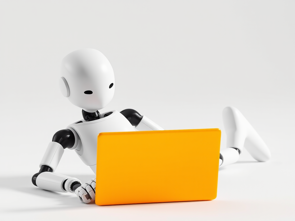Create an image of a 3D humanoid figure in a relaxed pose, lying on its stomach while using a closed yellow laptop, minimalist white background, captured with a DSLR camera at f/2.8 aperture, ISO 100, 50mm lens, soft natural lighting for enhanced clarity and detail.