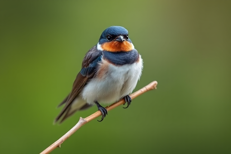 Capture a close-up of a swallow perched on a thin branch with a soft blurred green background, using a DSLR camera at f/2.8, ISO 200, 1/250s, with a 100mm macro lens for enhanced detail and shallow depth of field.