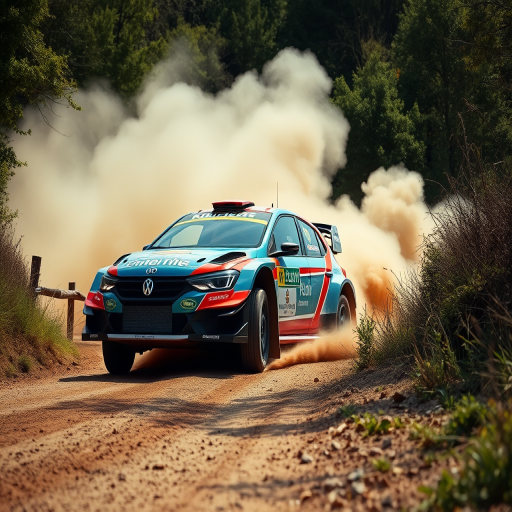 Rally car racing through a dirt path with dust clouds, shot from a low angle, 24mm lens, f/4 aperture, 1/1000s shutter speed, ISO 200, DSLR camera, vibrant colors, high dynamic range.