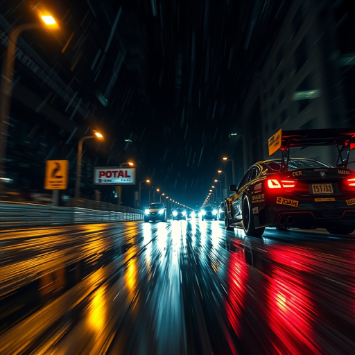 high-speed racing scene at night with rainy reflections, low angle shot, shallow depth of field, 50mm lens, f/2.8 aperture, ISO 400, 1/250 sec exposure, enhance colors and contrast for a dramatic effect.