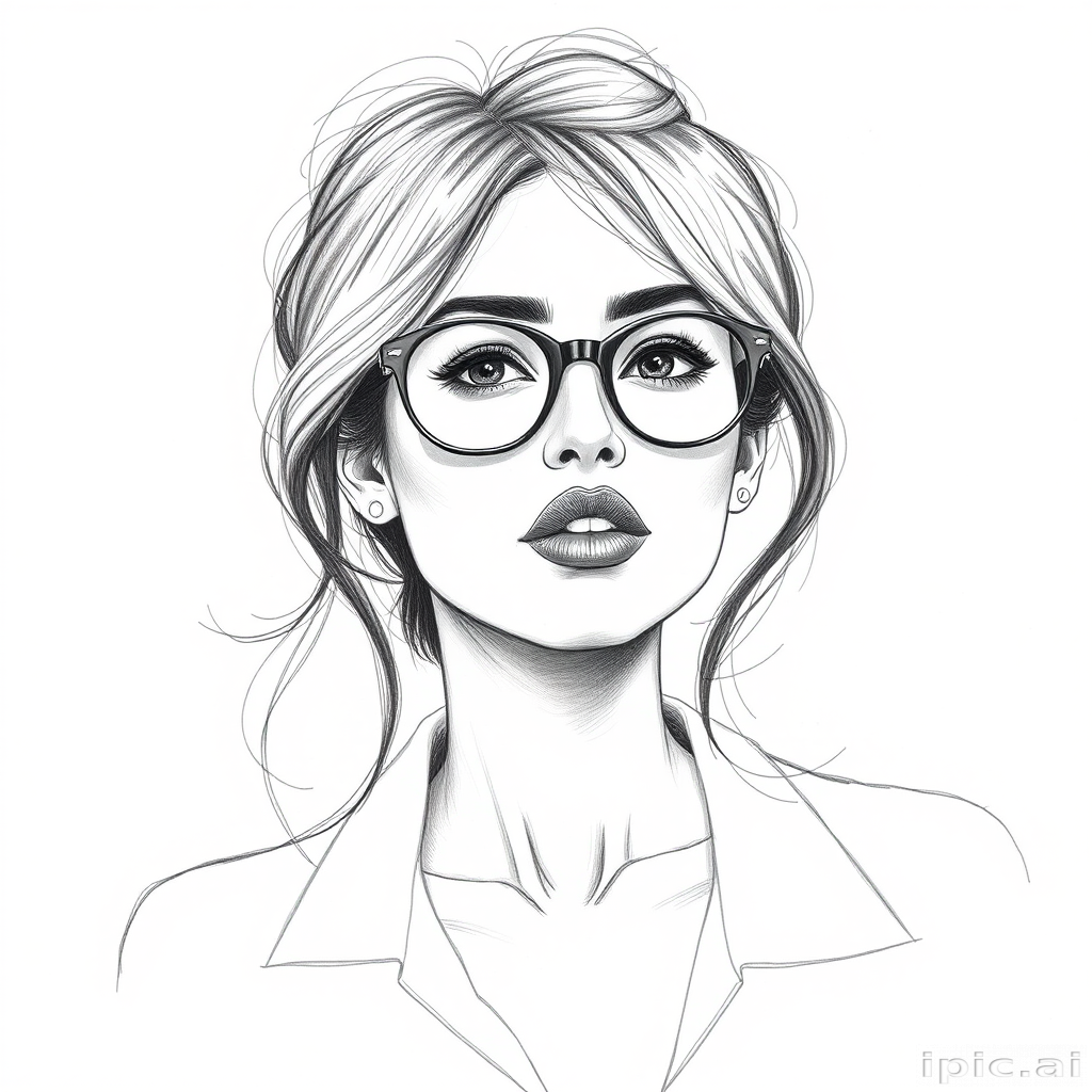 hot mia khalifa, pencil sketch, portrait of beautiful woman 60s in glasses, hair style beatnik, outline, clear lines, fine lines, 8k