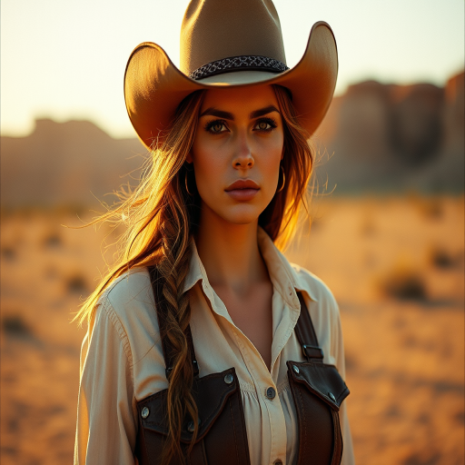 Dramatic photo of a beautiful Western American woman, classic cowboy attire, confident and free spirit expression, half-length portrait, centered, golden hour desert landscape, warm, diffused light, low angle, medium format film camera, in style of Annie Leibovitz.