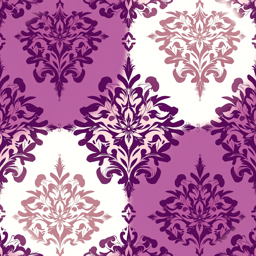 create a seamless damask pattern in deep purple and cream, intricate floral details, high resolution, 50mm lens, f/8 aperture, ISO 100, soft natural lighting, top-down view, digital illustration