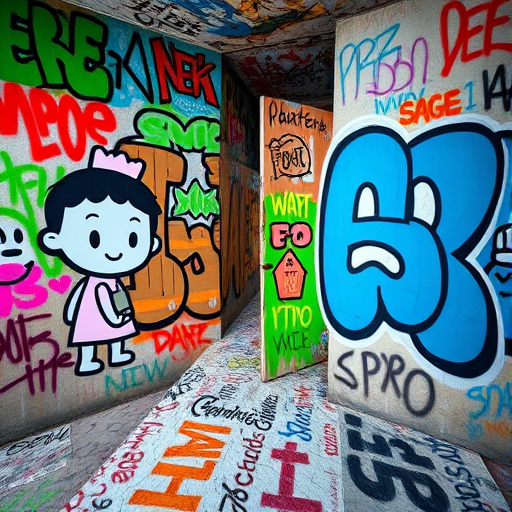 A vibrant graffiti-covered room with a childlike character on one wall and a blue abstract design on the opposite wall, captured with a Canon EOS R5, 24mm f/1.4 lens, aperture f/4, ISO 200, natural lighting, wide-angle view for enhanced detail and depth.