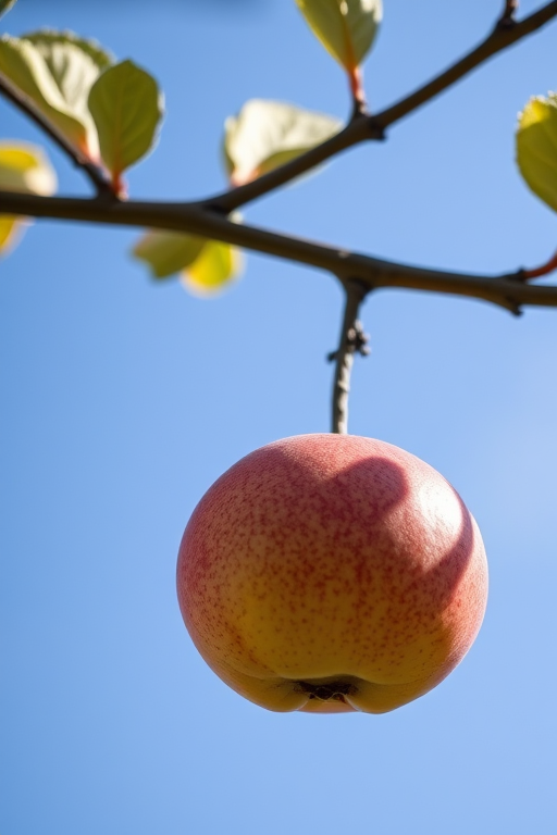 Capture a close-up of a ripe quince hanging from a tree branch against a clear blue sky, with a DSLR camera set to f/2.8 aperture, 1/200s shutter speed, ISO 100, using a macro lens at a low angle for enhanced detail and vivid color.