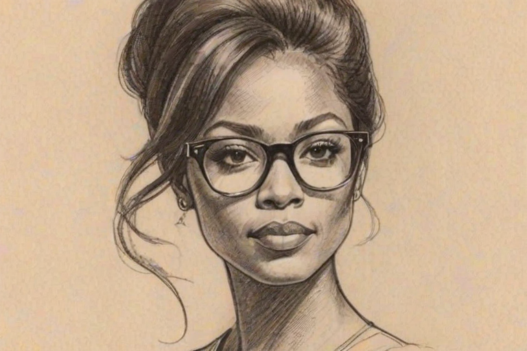 Enticing Trina McGee, pencil sketch, portrait of Splendid woman 1972s in glasses, hair style beatnik, outline, clear lines, fine lines, 8k