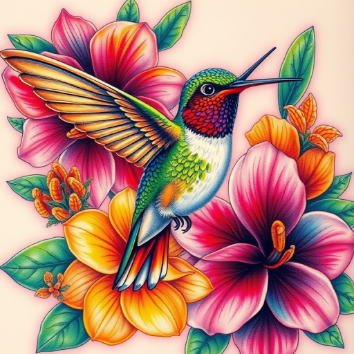 Colorful realism tattoo "Nature's Palette" portraying a vivid hummingbird in flight, surrounded by exotic flowers in a spectrum of lifelike colors and photorealistic detail