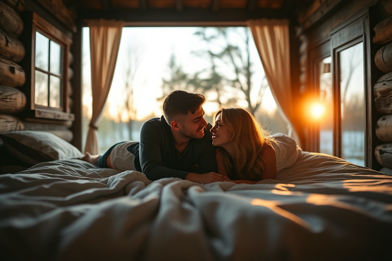 Capture a serene moment of a couple lying on a bed in a rustic cabin during sunset, soft natural lighting, aperture f/2.8, ISO 200, shutter speed 1/60s, shot from a low angle to emphasize intimacy, using a DSLR camera for enhanced image quality.