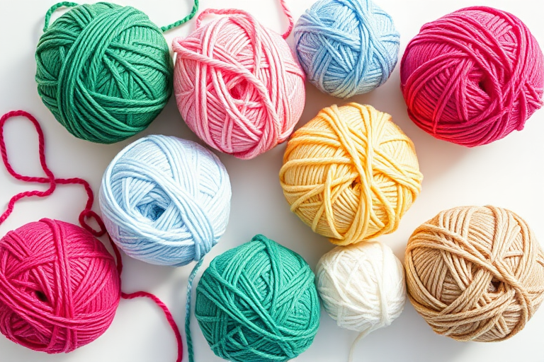A top-down view of colorful yarn balls in various shades of green, pink, blue, white, and tan on a clean, bright background, shot with a Canon EOS R5 at f/2.8, ISO 100, 50mm lens, natural light for soft shadows.