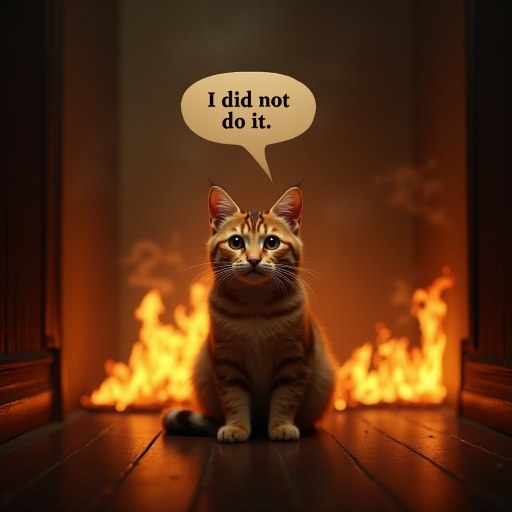 Photorealistic image of an innocent-looking cat sitting calmly in the middle of a burning room. Flames engulf the room, with fire licking up the walls and smoke filling the air. The cat is sitting on the floor, looking directly at the viewer with wide, innocent eyes. Above the cat, a speech bubble says "I did not do it" The contrast between the cat's calm demeanor and the chaos around it creates a humorous and surreal scene.