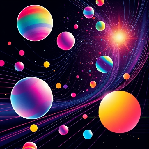 Create a vibrant abstract space-themed illustration with colorful orbs and flowing lines on a dark background, using a high-resolution digital art style, capturing intricate details with a 50mm lens at f/2.8, ISO 100, and a slight vignette effect for depth.