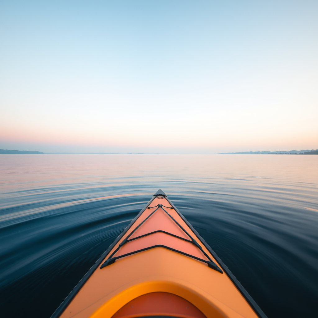 a serene kayak scene on a calm lake at dawn with soft pastel colors, shot with a DSLR camera at f/4, 1/200s, ISO 100, 50mm lens, shallow depth of field, capturing gentle ripples and a clear horizon in natural light