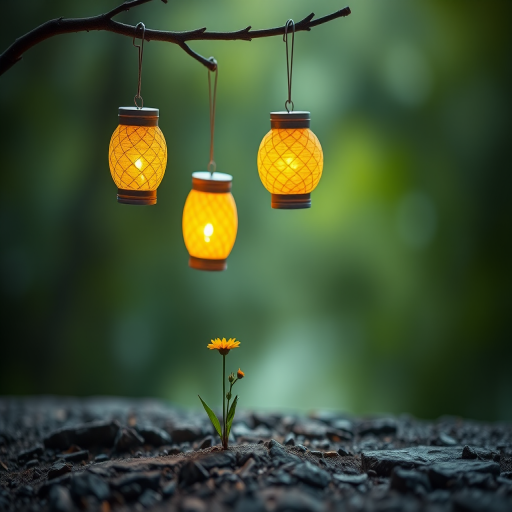 A serene scene featuring three glowing lanterns hanging from a branch, softly illuminating a solitary yellow flower growing on a rocky surface, surrounded by a mystical green ambient background, captured with a DSLR camera at f/2.8, ISO 100, 50mm lens, using a shallow depth of field and soft focus for enhanced image quality.