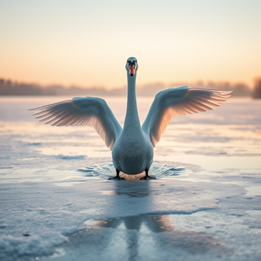 Capture a graceful swan spreading its wings on a frozen lake during early morning light, with a Canon EOS R5 at f/4, 1/200s, ISO 100, 24-70mm lens, shot from a low angle to emphasize the elegance and isolation of the scene in natural light.