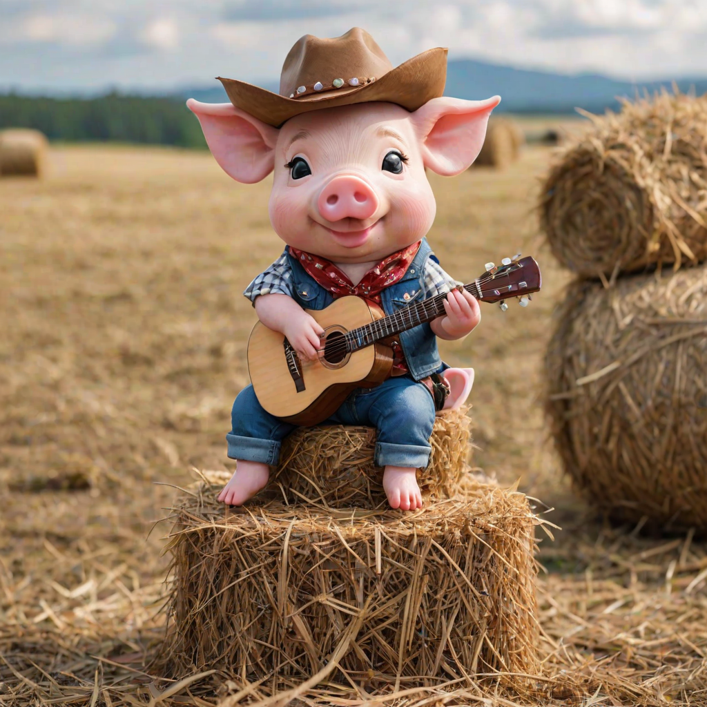 A chibi pig, dressed as a cowboy, playing guitar, sitting on a hay bale