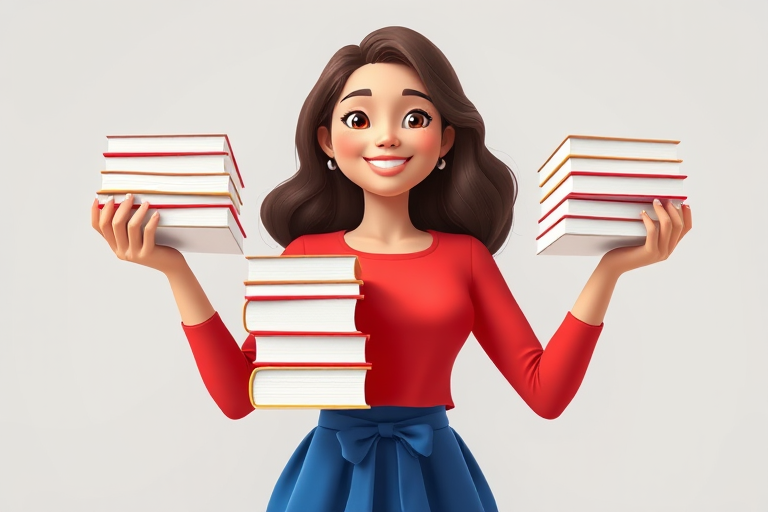 a cartoon woman holding stacks of white books in each hand, smiling, wearing a red top and blue skirt, minimalist style, high resolution, studio lighting, DSLR camera, 50mm lens, f/2.8, ISO 100, portrait view