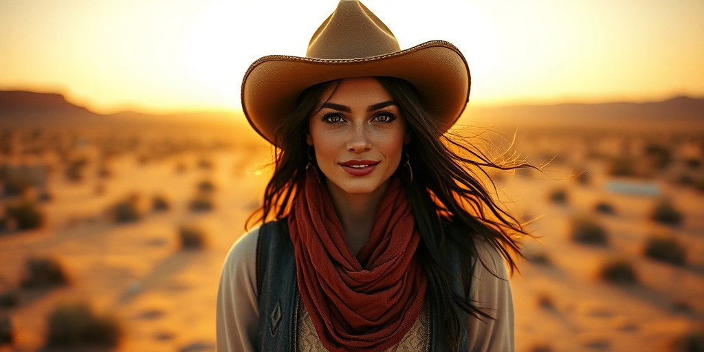 Dramatic photo of a beautiful Coptic woman, classic cowboy attire, confident and free spirit expression, half-length portrait, centered, golden hour desert landscape, warm, diffused light, low angle, medium format film camera, in style of Annie Leibovitz.