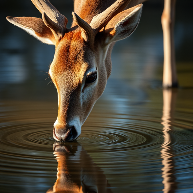 a close-up shot of a deer drinking from a tranquil pond, capturing the reflection on the water surface, using a Canon EOS 5D Mark IV with a 50mm f/1.8 lens, aperture set to f/2.8, shutter speed 1/200s, ISO 100, natural lighting, shallow depth of field, focusing on the deer's face and water ripples