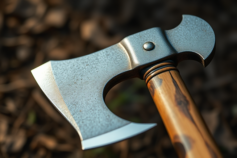 create a highly detailed image of a battle axe with a sharp metallic blade and a wooden handle, 50mm lens, f/2.8 aperture, ISO 100, shot from a low angle for dramatic effect, using a DSLR camera with natural lighting to enhance texture and reflections