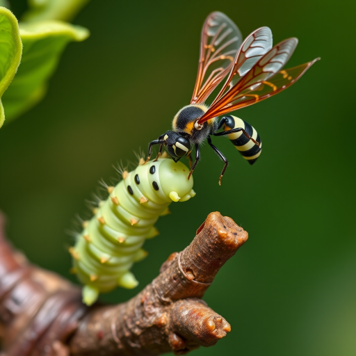 Spectacular photography, 300dpi, digital noise free, extremely clear, ultra-realistic, inside focus, best angle view, with intricate details of a small and tiny Cabbage Butterfly Caterpillar (Pieris Brassicae), standing on a branch of a tree, partially covered with green leaves. A large and majestic parasitic wasp (Torymus sinensis), flying over the caterpillar, right in front of the caterpillar with its body arched and the sting completely out of its abdomen pointing at the caterpillar's body and prepared in an attacking and aggressive position, stares at it and watches stealthily. Both within focus . Proportion of size. Light of day. National Geographic style